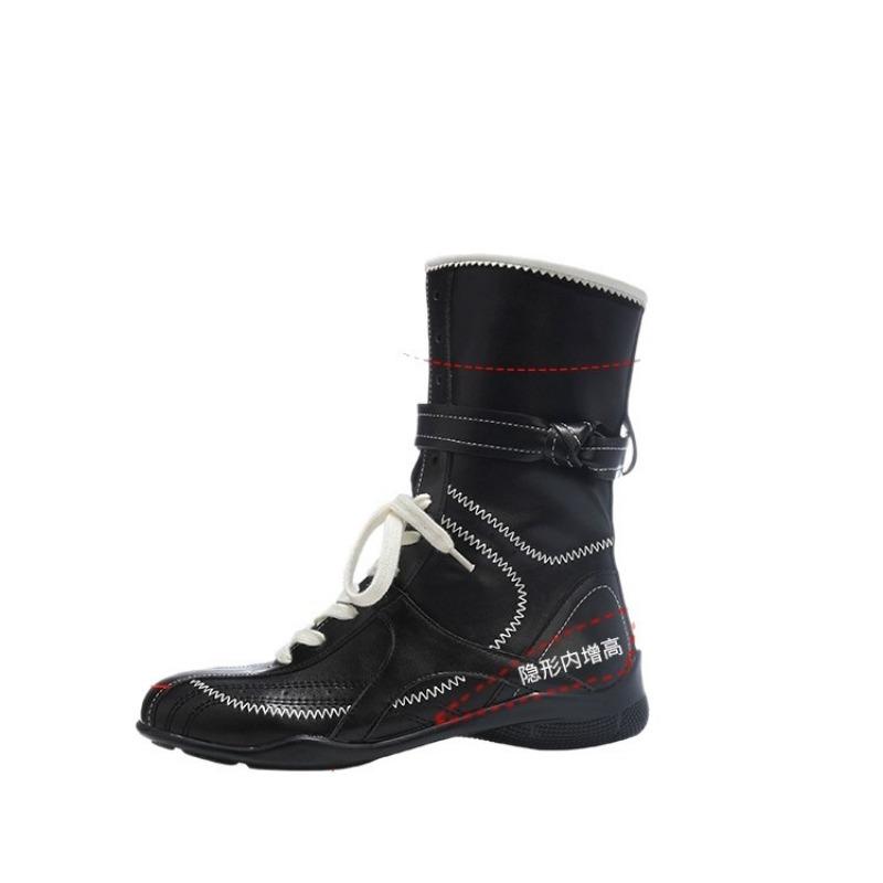 Cowhide Version~ 5cm Inner Height Increase Thick-soled Boxing Boots Female Duck Hunting Boots Belt Buckle Design Martin Boots Short Boots