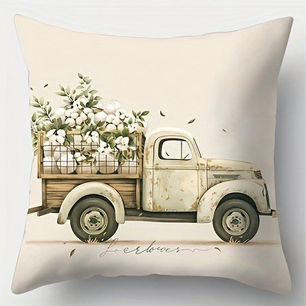 Rustic Charm Throw Pillow Cover: Cotton Flowers, Vintage Truck and Home Blessing Words, Sofa Cushion Cover, Bedroom Room Decor