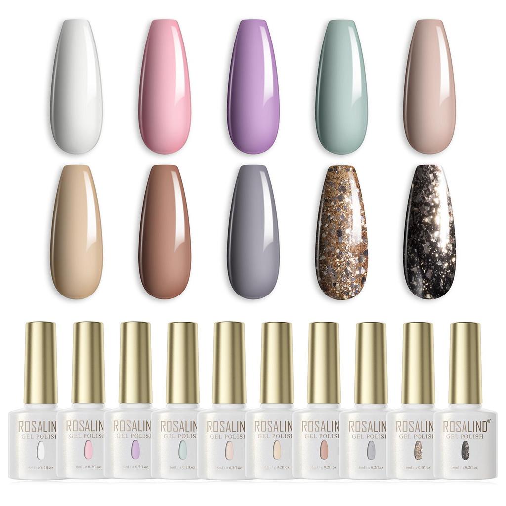 Rosalind 10PCS Gel Nail Polish Set 6ml Pure Color Gel Nail Polish Top Coat UV LED Light Nail Sup.