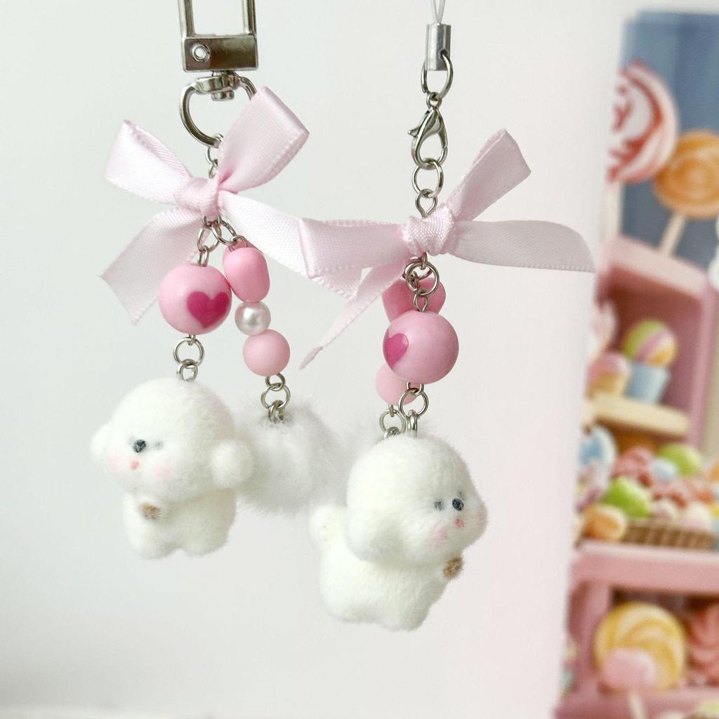 Flocked Puppy & Kitty Doll Bag Charm Keychain - Cute Bear Gift for Girls & Phone Chain Charm