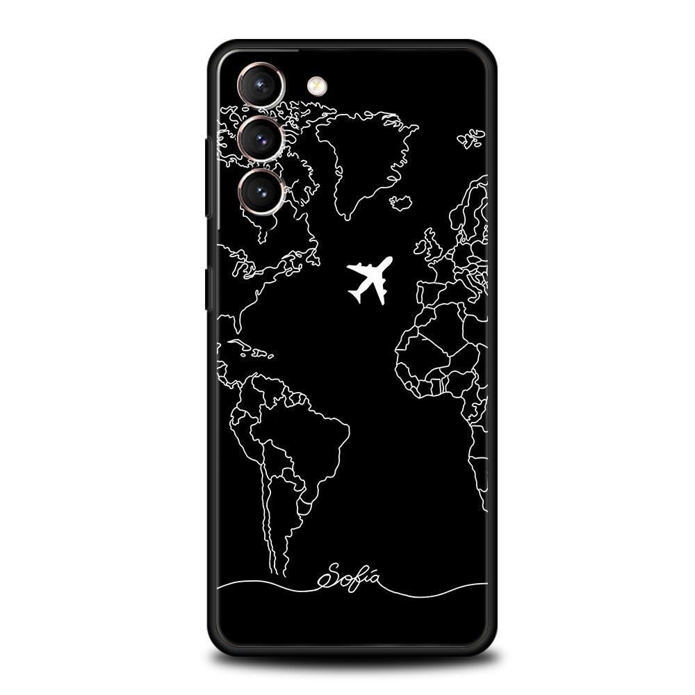 Airplane World Map Travel Phone Case For Samsung Galaxy S26 Ultra S25 Plus S24 FE S23 S22 5G S21 S20 Cover Black Soft