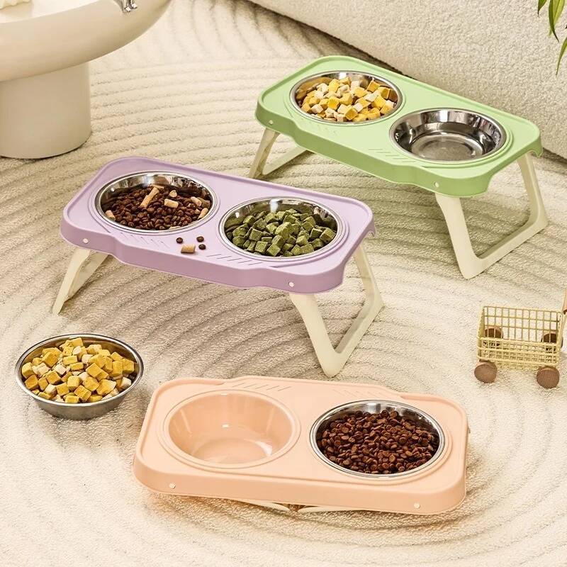 Foldable Cat Bowl Double Pet Bowl Stainless Steel Puppy Dog Feeder Water Food Bowl With Stand Feeding Dish Drinker Pets Supplies
