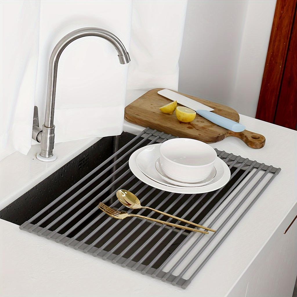 Silicone Drain Rack, Foldable Kitchen Sink Draining Rack for Vegetables And Dishes, Large Roll-up Folding Draining Rack with Heat Insulation Pad