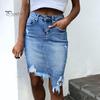 Damen Sommer Jeansrock Hohe Taille Knopf Reißverschluss Minirock Ripped Holes Unregelmäßiger Saum Hüftwickelrock Streetwear