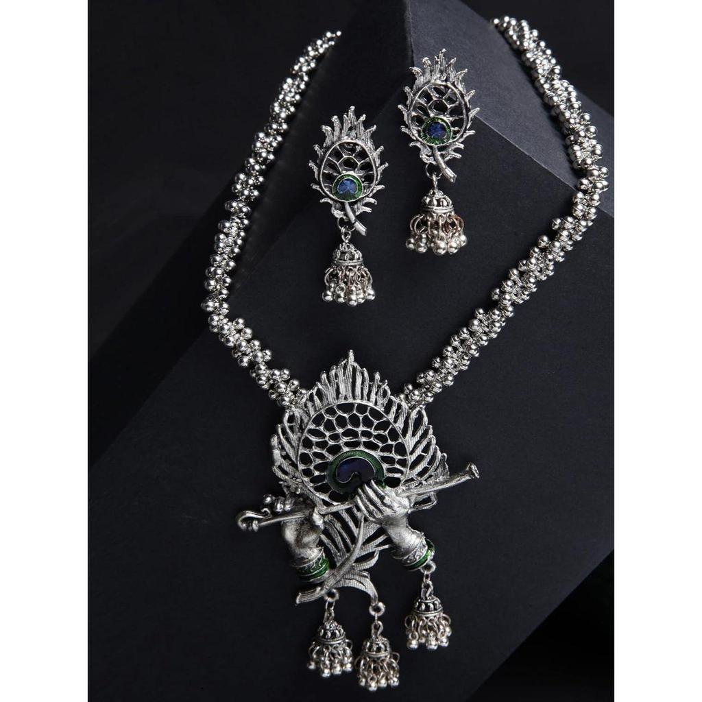 Latest Stylish Design Fancy Traditional Oxidised Silver Necklace Jewellery Set for Women