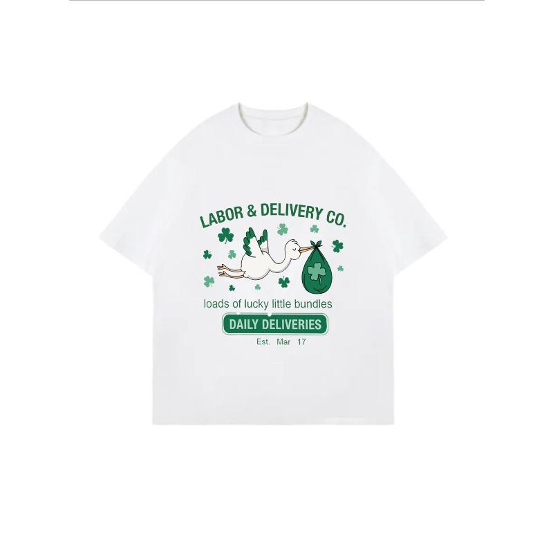 Oversized T-Shirt with Green Stork & Clover Print – "LABOR & DELIVERY CO." Fun Lucky-Themed Top