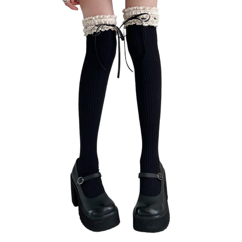 Women Japanese Student Winter Warm Cotton Over Knee Long Socks Elegant Ruffled Lace Top Bowknot Thigh High Stockings