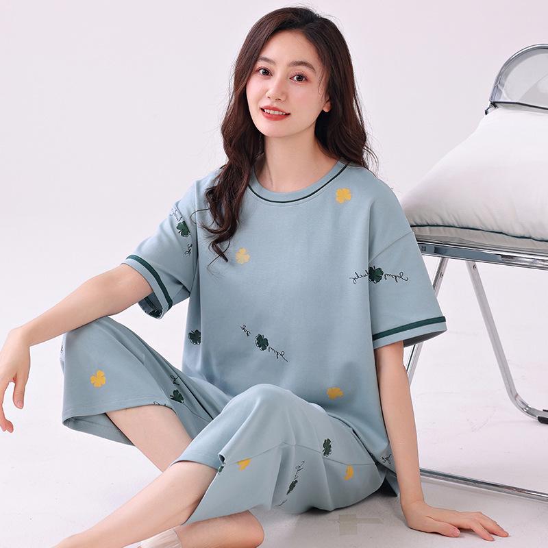 Women s 100% Cotton Pajama Set - Short Sleeve Top & Seven-Point Pants, Sweet & Cute Home Wear for Spring/Summer XL