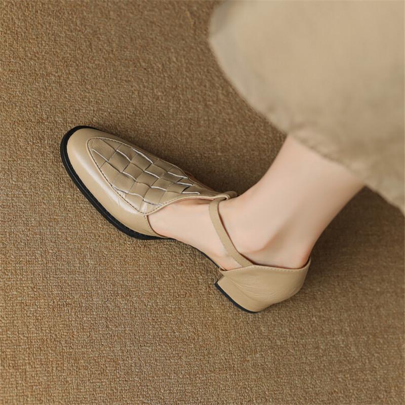 Fashion New Summer Genuine Leather Sandals Women 2025 Round Toe Shoes Chunky Heel Cover Toe Sandals for Women Handmade Cow Leather Shoes