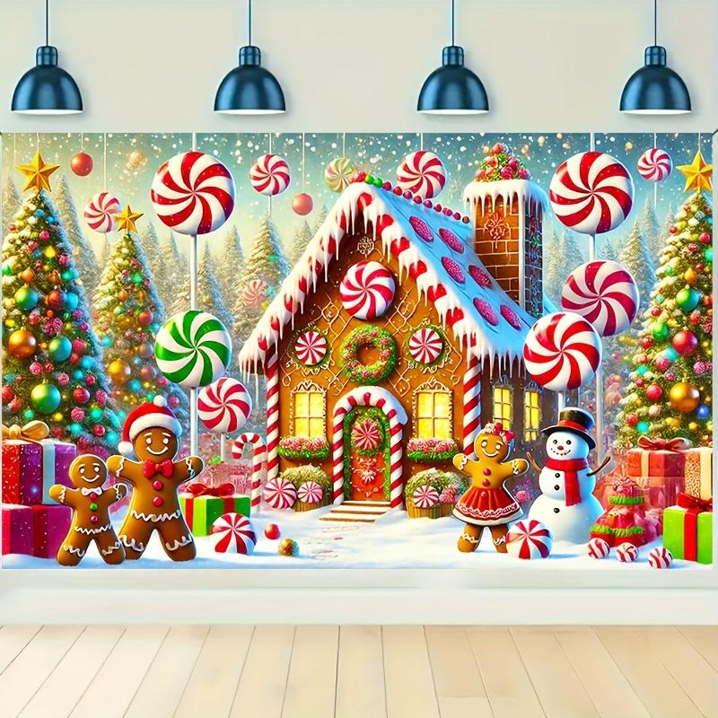 Christmas Gingerbread House and Snowman with Candy Background - Festival Party Decoration and Photography Background