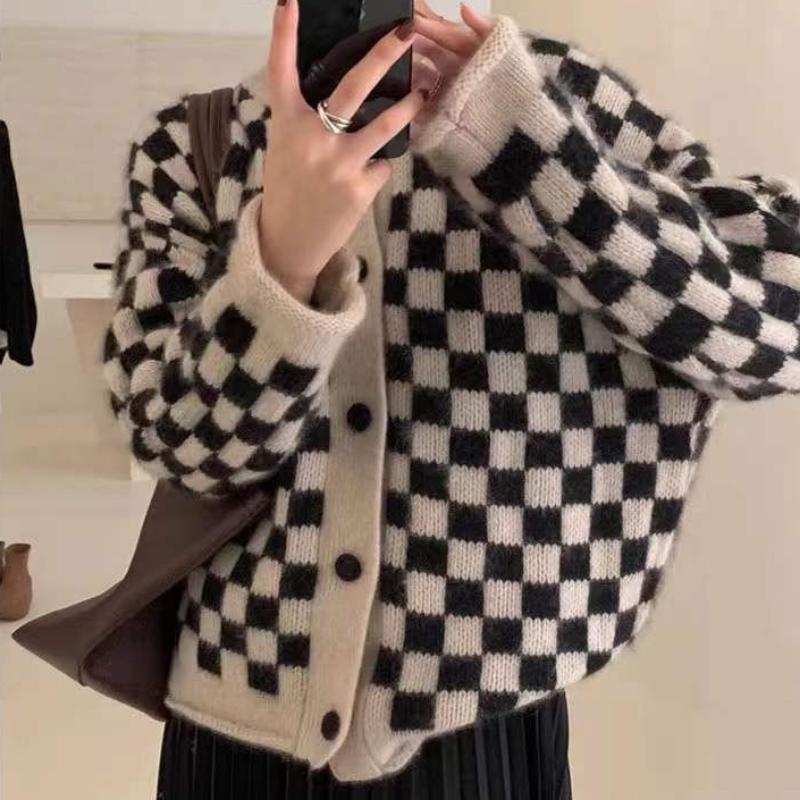 Autumn Cardigan Sweater 2022 New Women Loose Slouchy Chessboard Sweater O Neck Wear Knitted Cardigan Vintage Sweater Top Coat