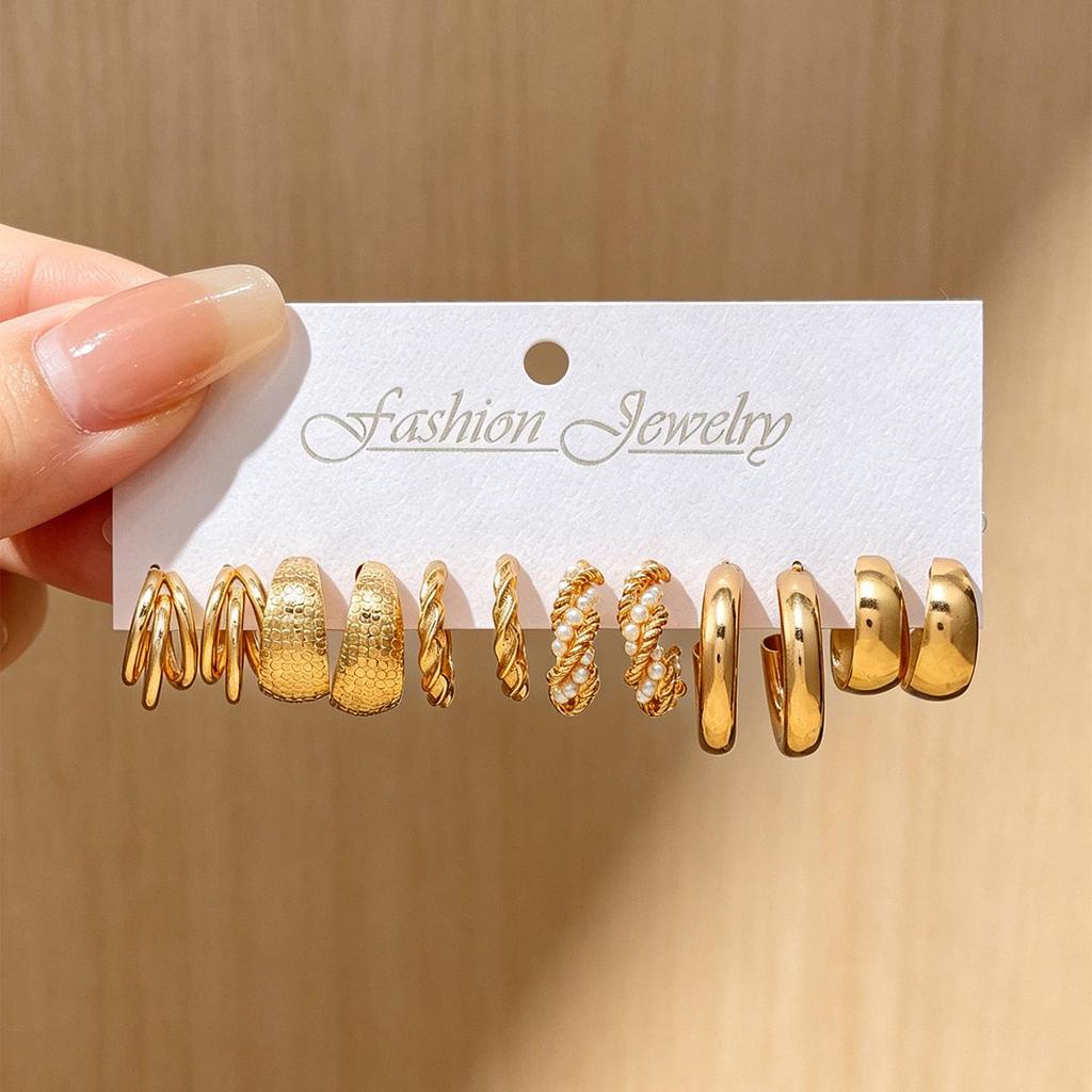 Elegant Retro Twisted Pearl & Metal Hoop Earrings Set for Women