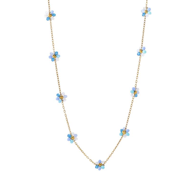 Blue flower necklace women's light luxury niche collarbone chain French retro high-end titanium steel neck chain fashionable and versatile
