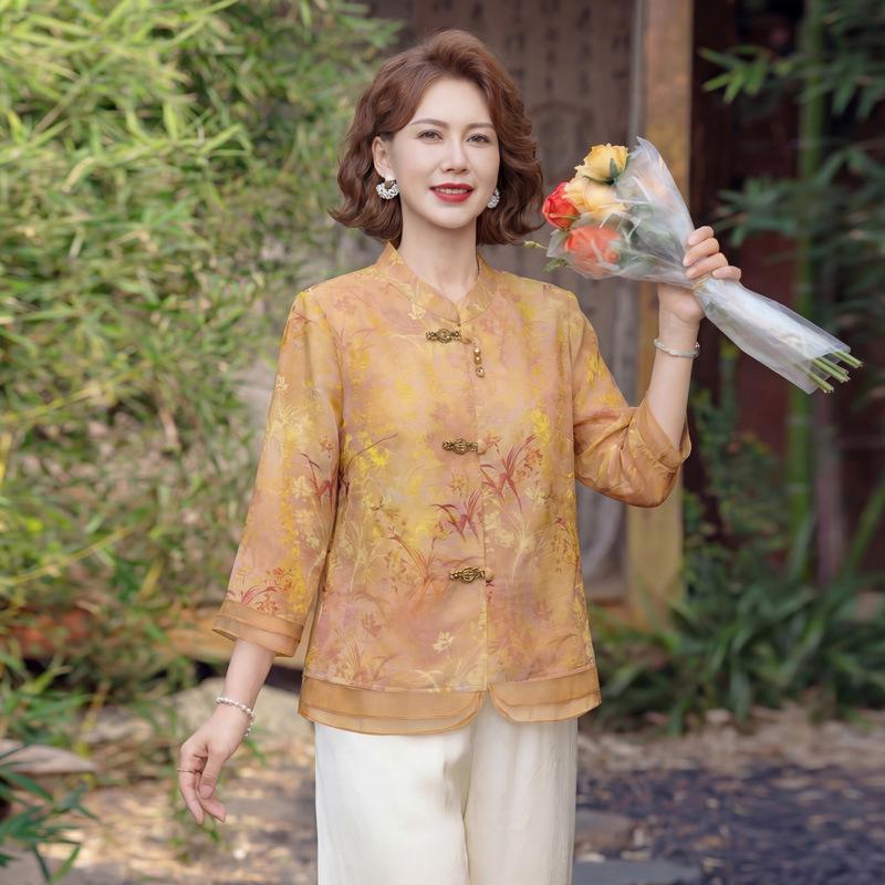 Mom s Elegant Seven-Sleeve Summer Shirt - 2026 Chinese National Style for Middle-Aged Women 5XL (145-155 jin) жёлтый