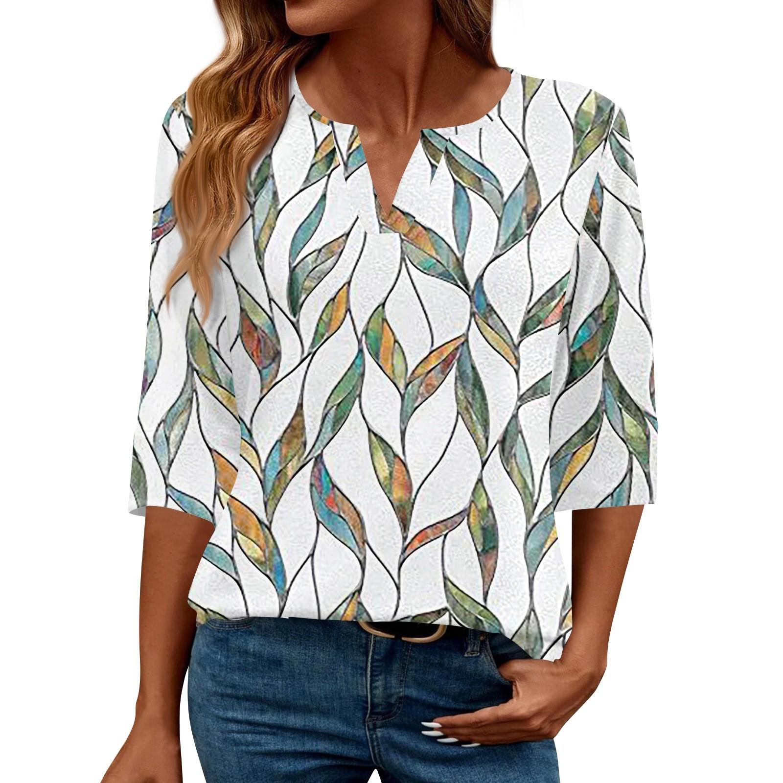 

Женская модная повседневная свободная футболка с v-образным вырезом и рукавами 3/4 с принтом, женский топ L белый