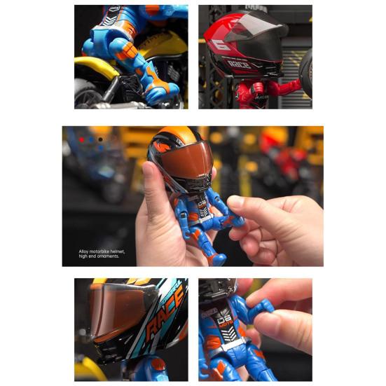 Transforming Motorcycle Rider Figurine Deformable Helmet Racing Driver Action Figure with Movable Joints Desktop Decoration Ornament