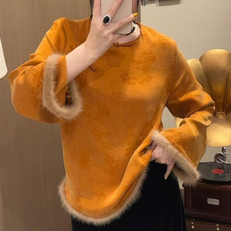 Women s Retro Chinese Jacquard Frog Button Frayed Hem Top - Autumn/Winter Fashion M (Recommended for under 50kg)