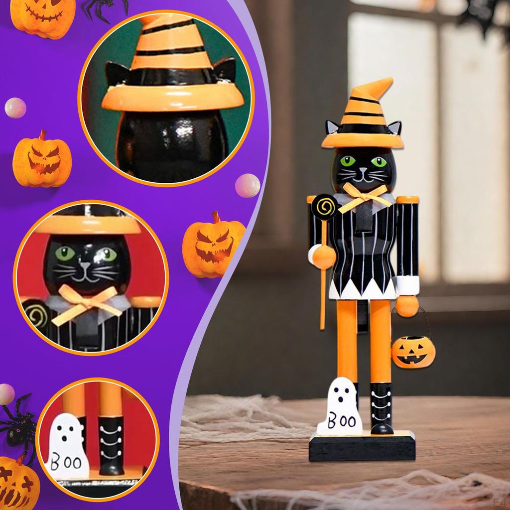 Halloween Nutcracker Figure Decorative Home Decor Painted 10 Inch Wooden Puppet Figurine for Shelves