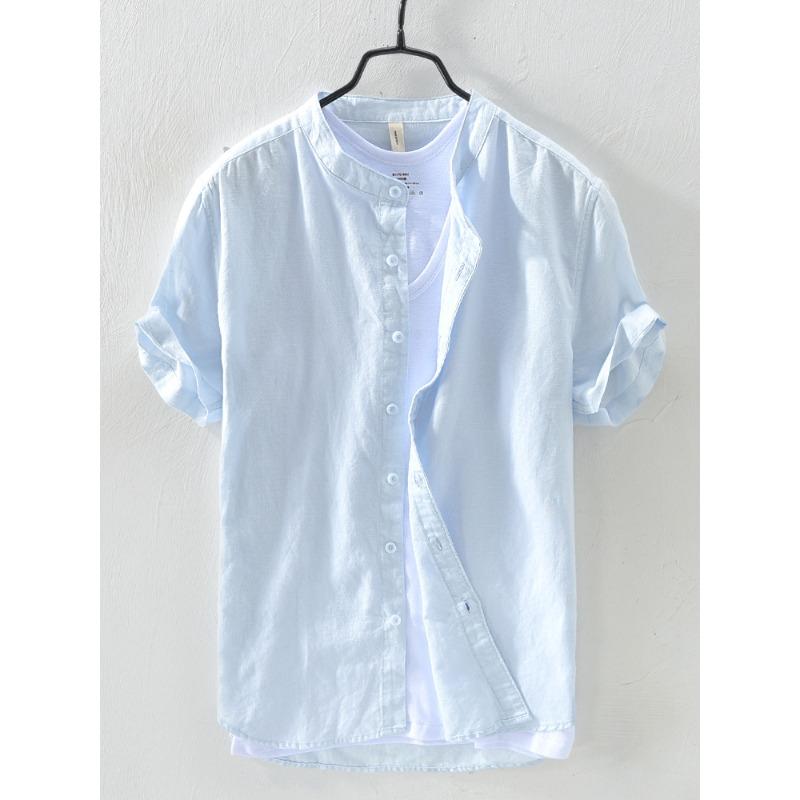 Męska lniana koszula z krótkim rękawem i kołnierzykiem stójką - Przewiewna, casualowa, luźny krój, zapinana na guziki