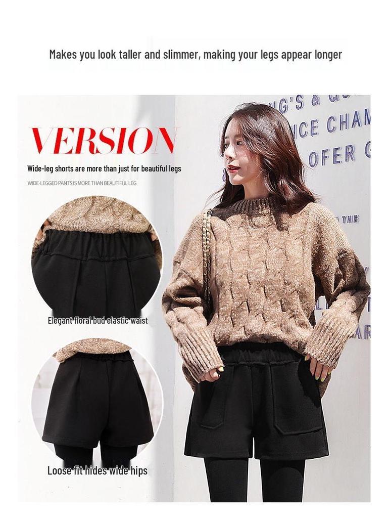 Women's High-Waist Wide-Leg Woolen Shorts - Versatile Winter Layering Pants for Plus Size