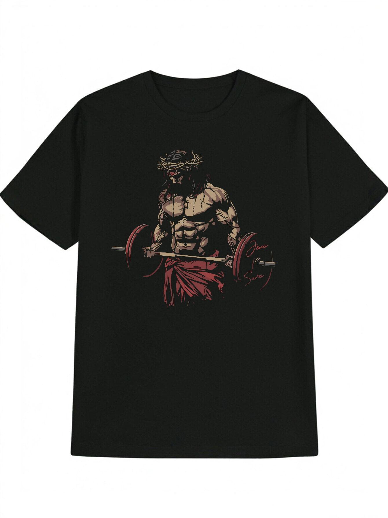 Black T-shirt with Thorn Crown & Muscle Design - Casual Round Neck Tee XXXXL