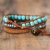 Bohemian-style Beveled Turquoise Bracelet, Three-layered Wrapped Hand-woven Leather Cord Bracelet