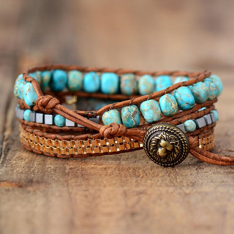 Bohemian-style Beveled Turquoise Bracelet, Three-layered Wrapped Hand-woven Leather Cord Bracelet