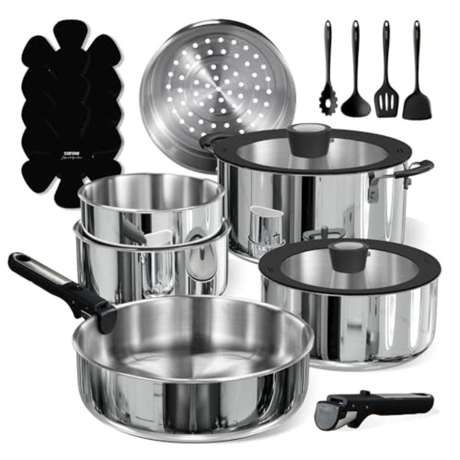 

18pcs Stainless Steel Cookware Set with Detachable Handle Nonstick Pots and Pans Induction Safe Kitchen Cookware with Removable срібний