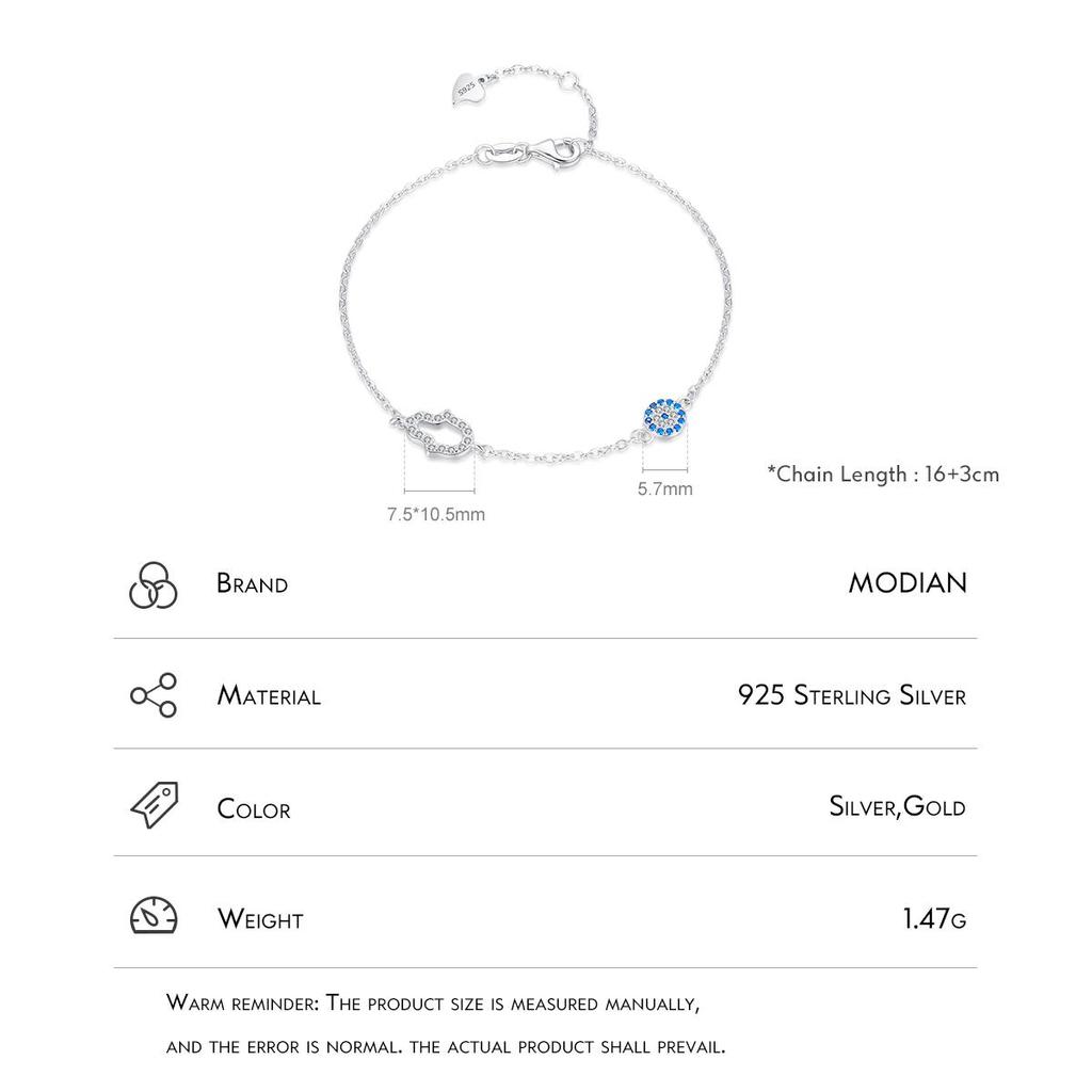 MODIAN 925 Sterling Silver Shining Clear CZ Hand Blue Eyes Bracelet Adjustable Chain Link For Women Birthday Gift Fine Jewelry