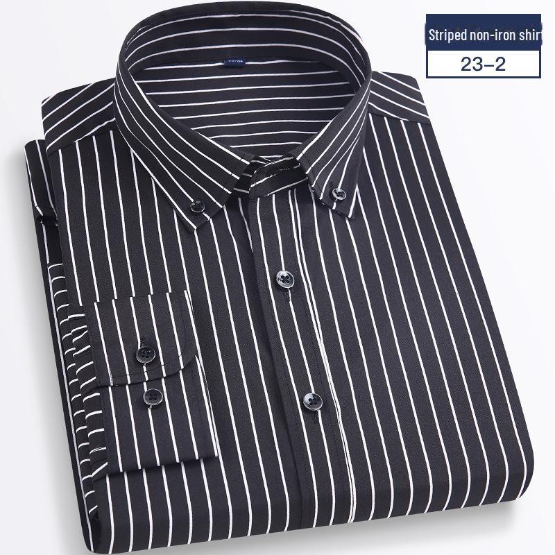 

Мужская рубашка 2025 года в полоску, с длинным рукавом, облегающего корейского кроя — повседневная деловая одежда, не требует глажки, удобная. 41