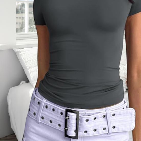 Women T-shirt Round Neck Short Sleeve Solid Color Tee Shirt Slim Fit