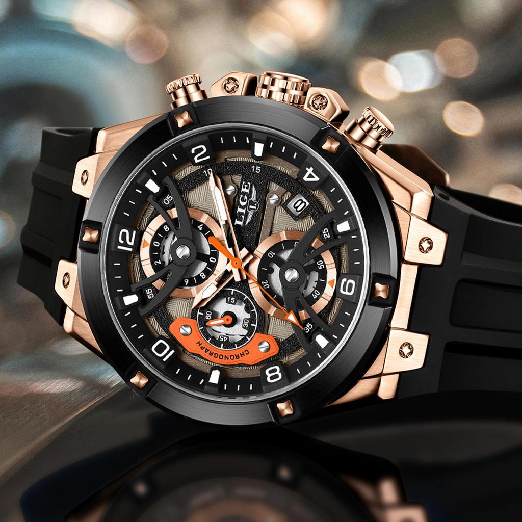LIGE Men Watches Fashion Soft Silicone Strap Waterproof Calendar Business Sports Men's Quartz Watch