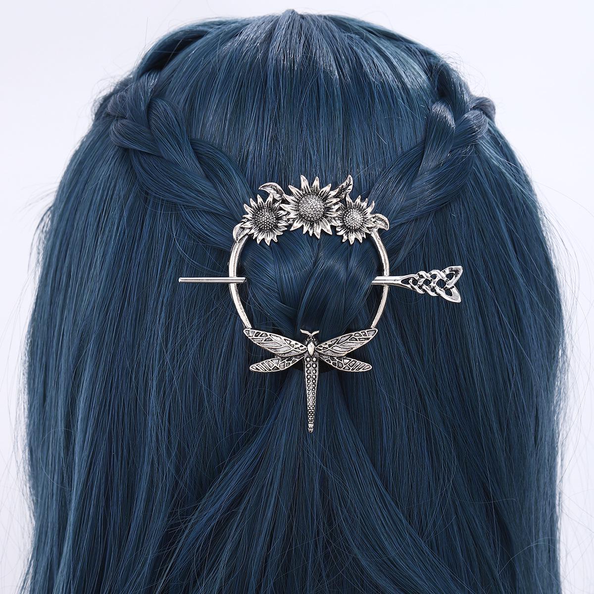 

Винтажная заколка для волос в стиле викингов с подсолнухом и стрекозой - палочка для волос с кельтским узлом, аксессуар для вечеринки в норвежском стиле