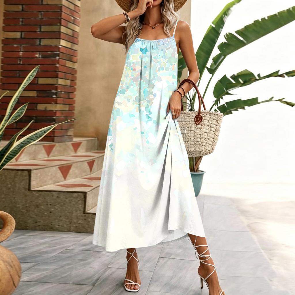 Damen ärmelloses Maxikleid mit floralem geometrischem Print, Spaghettiträger, lässiges Haus-Urlaubs-Kleid, leichtes Sommerkleid