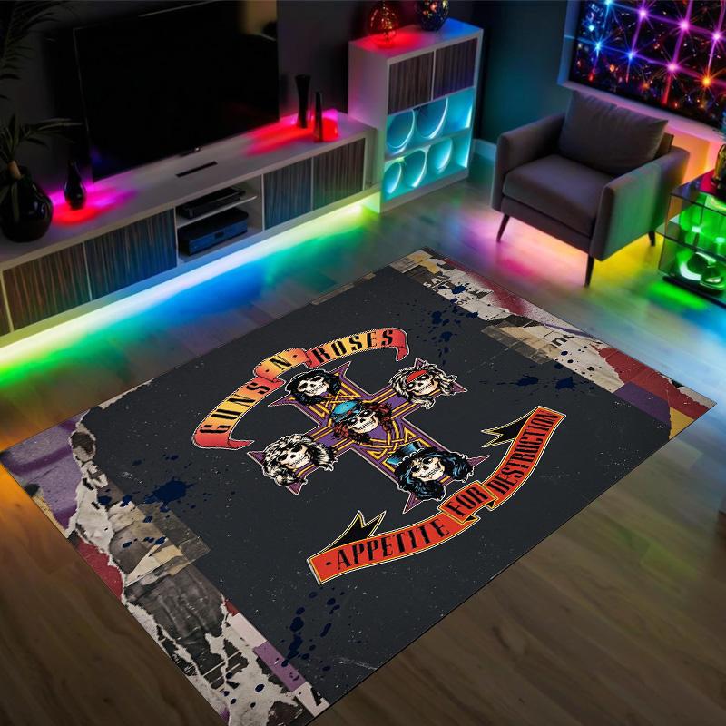 Guns N’ Roses Design Crystal Velvet Carpet Cozy Non?Slip Printed Rug For Bedroom Living Room Entrance