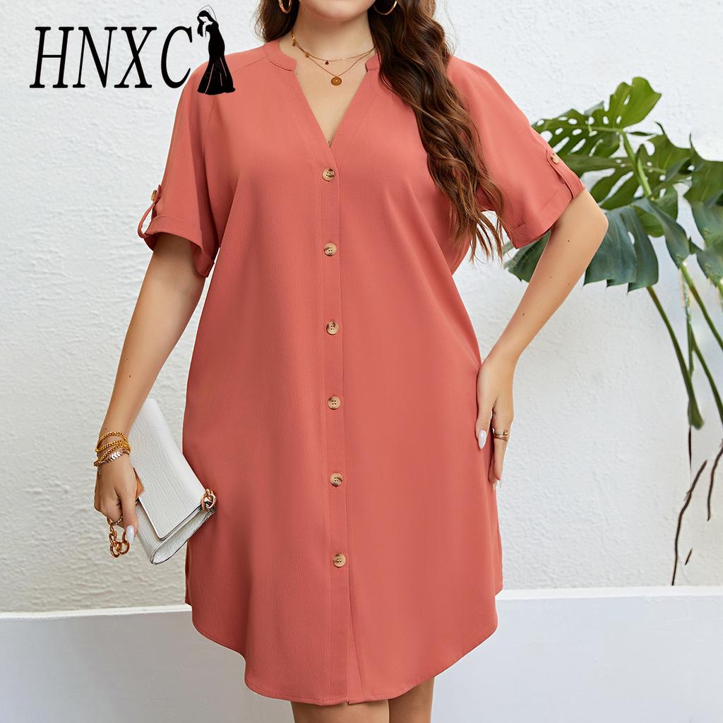 HNXC Dámská móda Léto Jaro Jednobarevný potisk Neformální šaty s krátkým rukávem a výstřihem do V Velká velikost