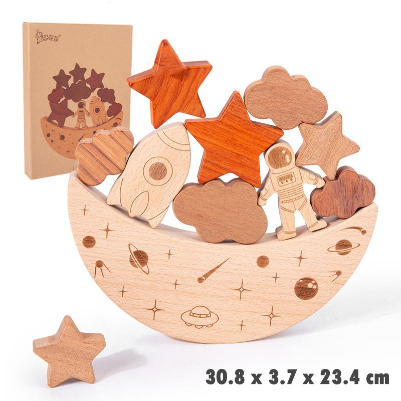 Montessori Toys Wooden Balance Boat Blocks Stacking Tower Games Space Moon Balance Blocks Fine Motor Skill Early Education Toys