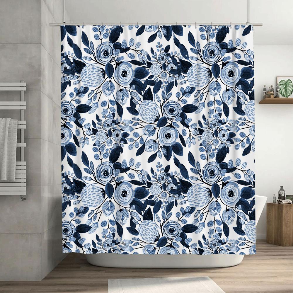 Blue White Floral Shower Curtain Modern Bathroom Decor for Home Decoration Long Lasting Waterproof Fabric with Eyelet Rings Perf
