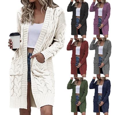 Suéter tipo cárdigan con bolsillos largos para mujer, chaqueta de punto de manga larga