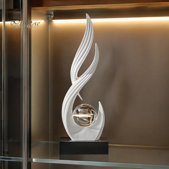 Elegant Craftsmanship Statue Abstract Decorative Sculpture with Clear Crystal Ball, Modern Flowing Curve Tabletop Decor Golden for Office Desk