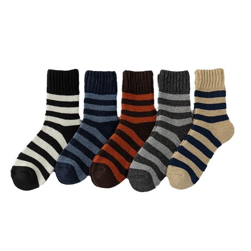 Men's Cashmere Medium Tube Socks - Autumn/Winter, Thick Towel Bottom, Striped Terry, Northeast Style.
