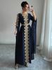 Elegante Abito Formale a Maniche Lunghe Ricamato con Scollo a V