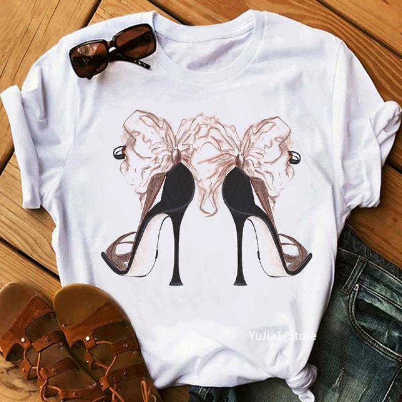 Estive Plus Manica Corta Tacchi Alti Stampate Puro Cotone Ampie Girocollo Manica Corta Scarpe T-Shirt Donna