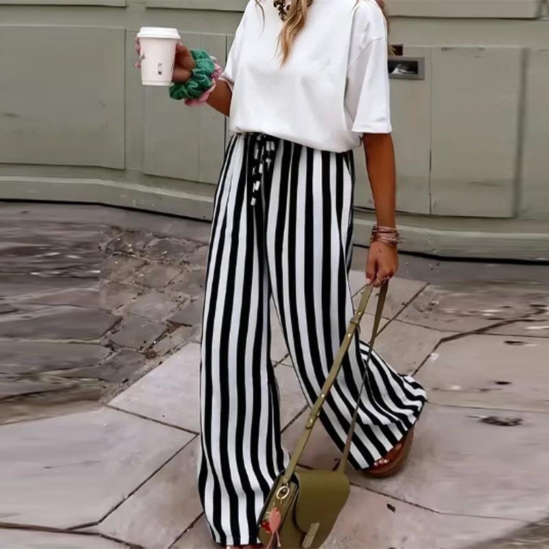 Casual Striped Pants Women Loose Elastic Waist Lace Up Wide Legs Straight Trousers Female Summer Chic Soft Pants Lady
