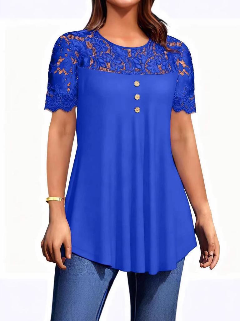 Tunique Élégante Patchwork de Dentelle Couleur Unie Manches Courtes pour Femme Printemps/Été 2026