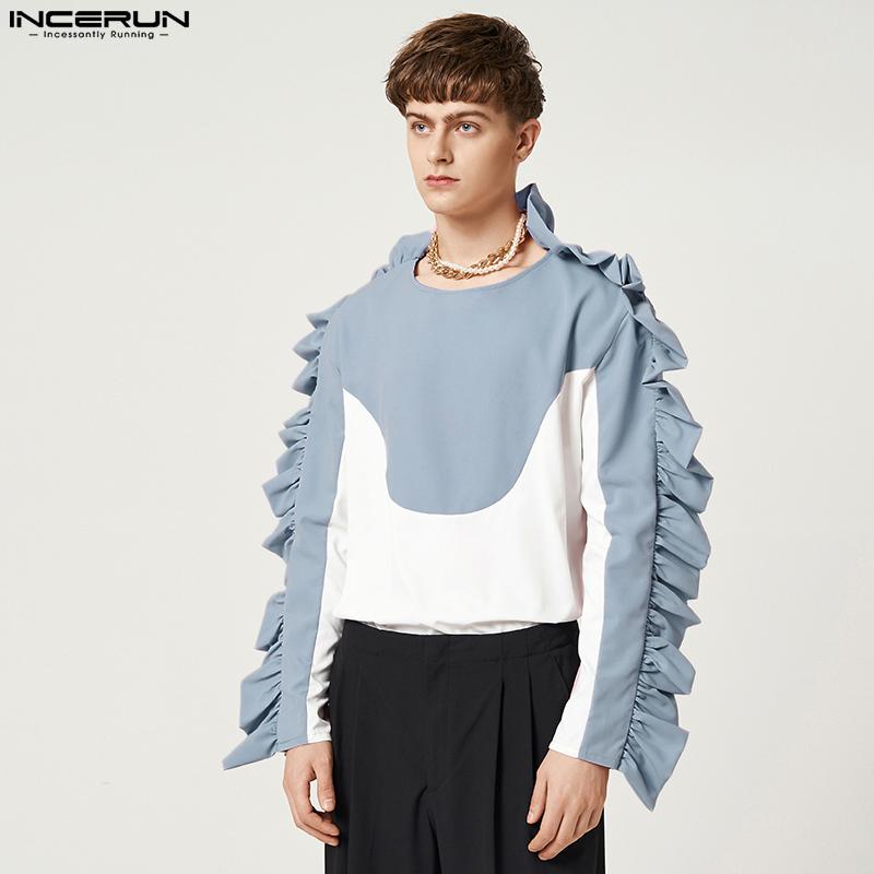 

INCERUN Весенние мужские цветные топы с длинными рукавами и строчкой