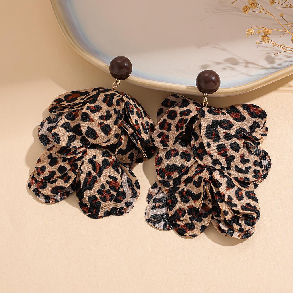 Chiffon Fabric Leopard Print Petals Tassel Earrings Temperament High-end Earrings for Women
