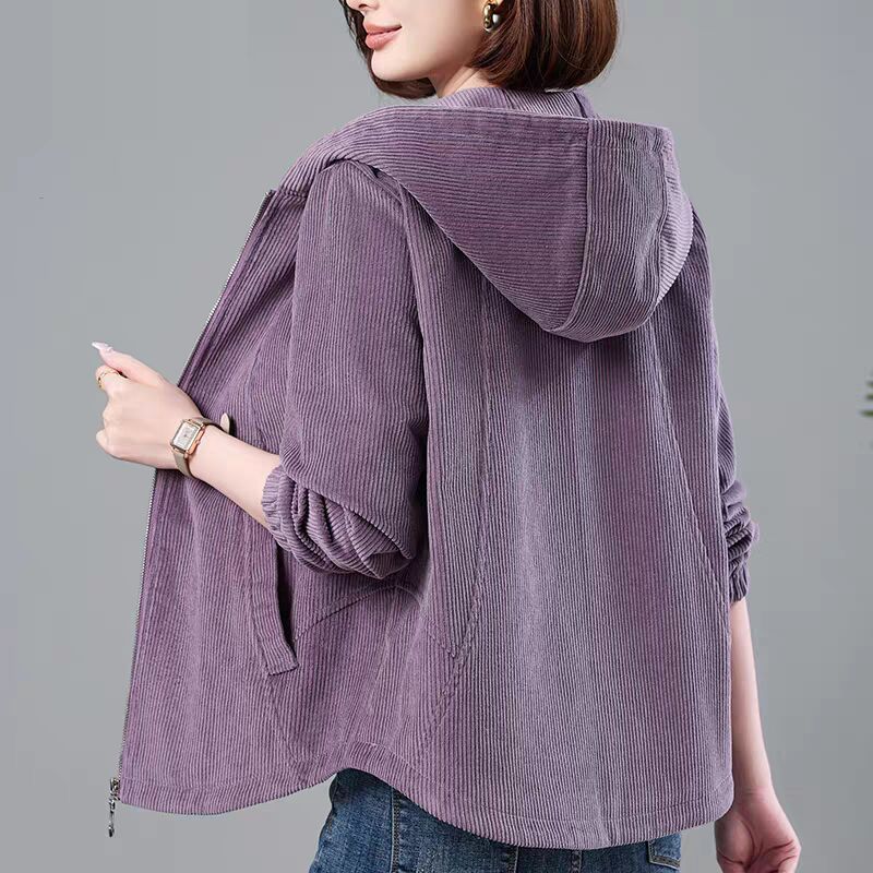 

Повседневное вельветовое пальто для женщин весна осень свободная ветровка с капюшоном мода для матерей среднего возраста 4XL фиолетовый