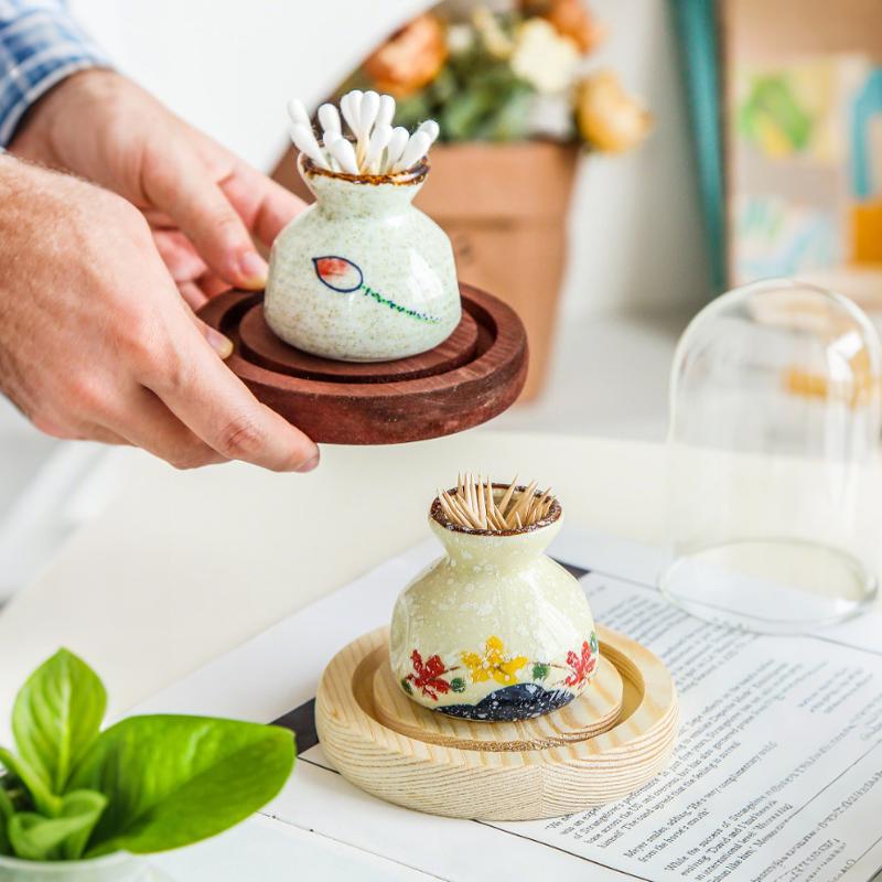 Japanese Style Ceramic Toothpick Holder Mini Retro Cotton Swab Storage Jar Simple Decorative Small Vase Toothpick Dispenser Box