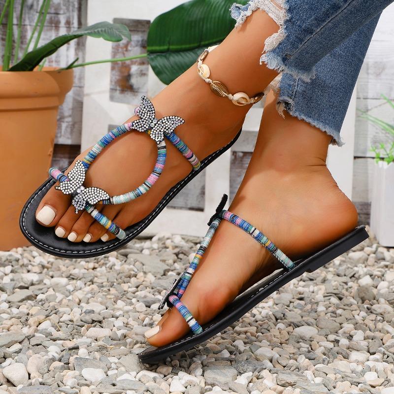 Fashion Plus Size 2025 Summer New Women's Open Toe Slippers Outdoor Mixed Colors Crystal Butterfly Low Heel Sandals Daily Beach Slippers